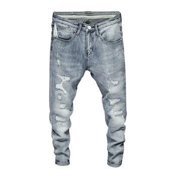 

Light Blue Holes Fashion Jeans Top Quality Pleated Patchwork Hole Ripped Motorcycle Casual Slim Hip Hop Denim Jeans AS1101