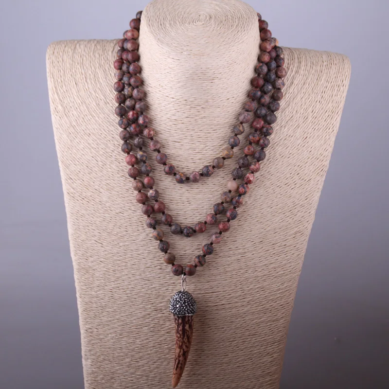 

MOODPC Fashion Bohemian Tribal Artisan Jewelry Knotted long Halsband Leopard Skin Ox Horn Necklace