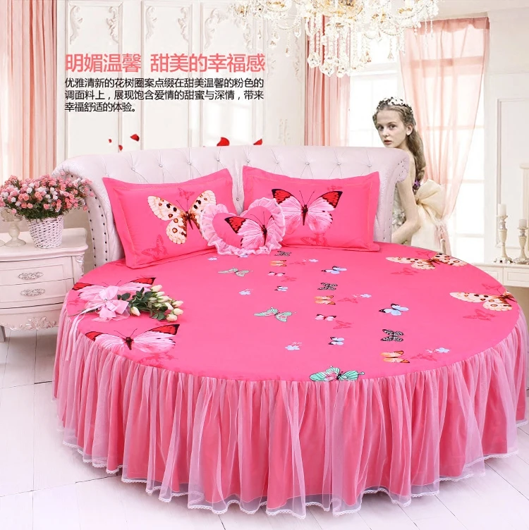 Perfect LACE ROUND Corner Bed Europe Orange color Flower Bedding sets Cotton Round Double Bed sheet Duvet cover Pillow case Bedskirt 56