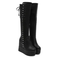 Women Winter Shoes Fashion Thigh High Boots For Women Black Rivet Platform Wedges Boots Women Over The Knee Boots