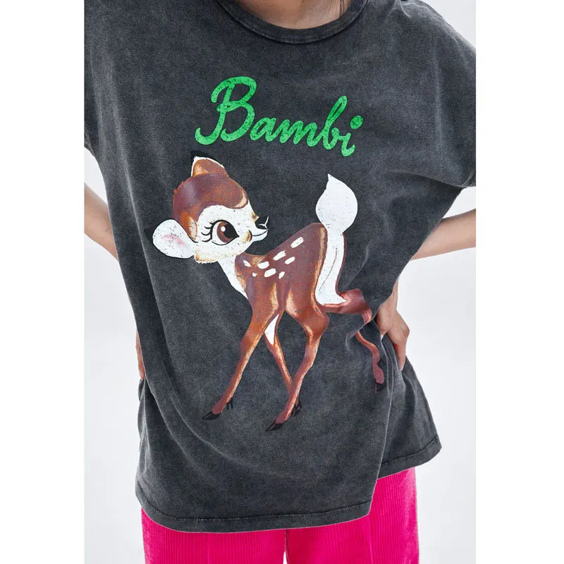

BOHO INSPIRED Washed T shirt 2019 summer Short Sleeve deer print casual cute tee women top loose fit tee fashon clothing New