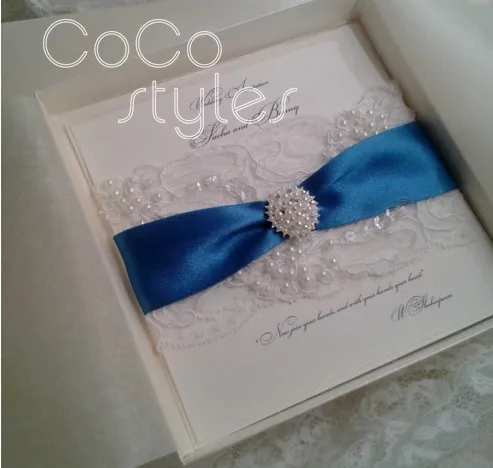  Cocostyles personalized royal lace fabric design invitation card with pearl brooch and ribbon for c - 32893863044
