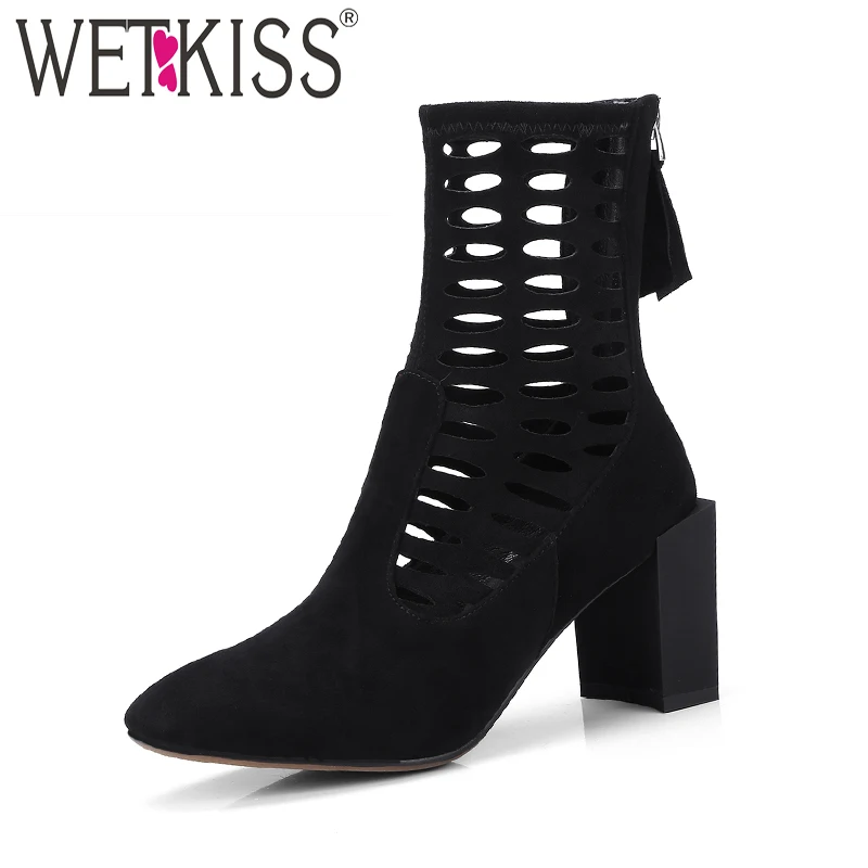 WETKISS Sexy Stivali Estivi Stile Strano Ritaglio Punta Quadrata Del Capretto Suede Scarpe 2018 di Modo di Marca Cerniera Alti Talloni Delle Signore Scarpe