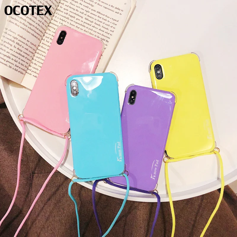 

Cute Candy Color Shockproof Case For iPhone 6 6s 7 8 Plus Fashion Case With Neck Strap Soft TPU Cover For iPhone Xs Max Xr X