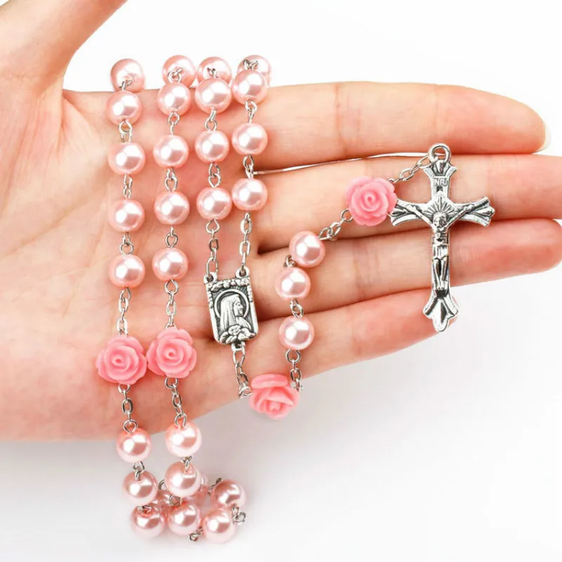 

8mm Rose flower Pink Glass Imitation pearl bead Catholic Necklace Silver Cross Virgin Mary Center Rosary Jesus Pendants 27 inch