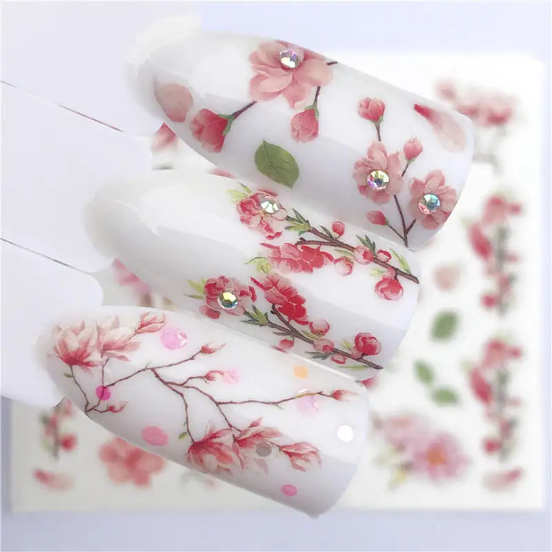 

LCJ 1 PC Pink Petals / Flowers / Green Leaves Water Transfer Sticker Nail Art Decals DIY Fashion Wraps Tips Manicure Tools