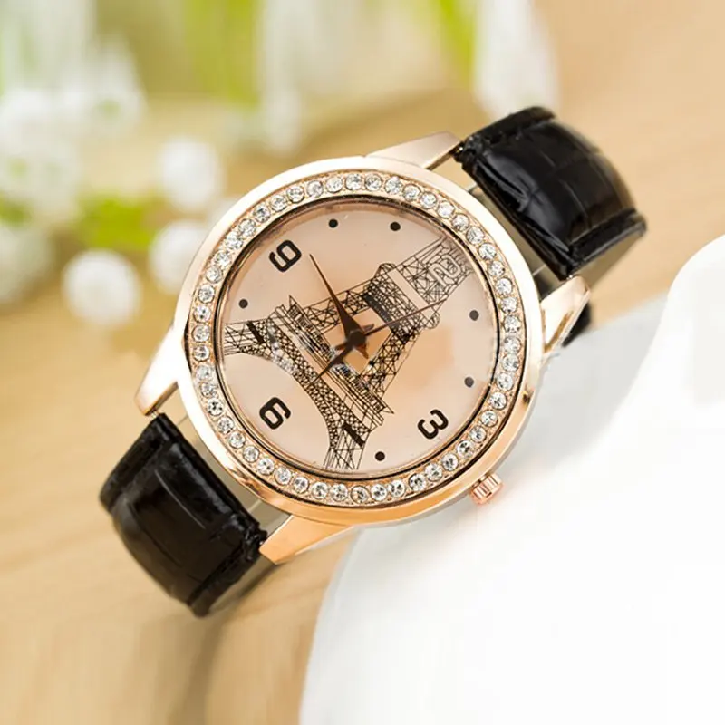 

2019 Newest Fashion Women Best Selling Faux Leather Crystal Rhinestone Case Eiffel Tower Pattern Quartz Wrist Watch