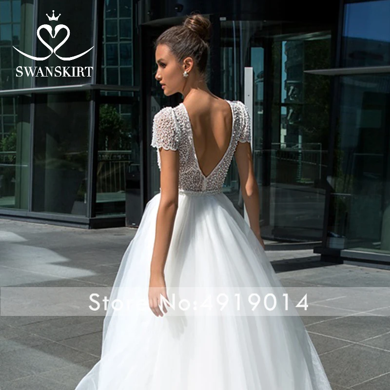 Swanskirt Бохо аппликации Съемный Поезд свадебное платье роскошный бисером короткий рукав платье для невесты принцессы robe de mariee F123