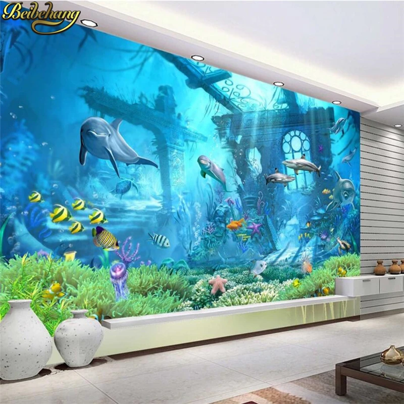 

beibehang Custom wall paper photo underwater world cartoon shark Restaurant Kindergarten children's room 3d wall mural wallpaper