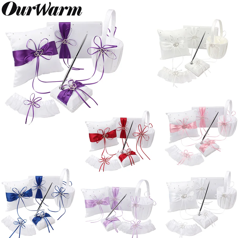 

5Pcs/set Satin Wedding Decoration Product Ring Pillow + Flower Basket + Guest Book + Pen Set + Garter Home Decor White