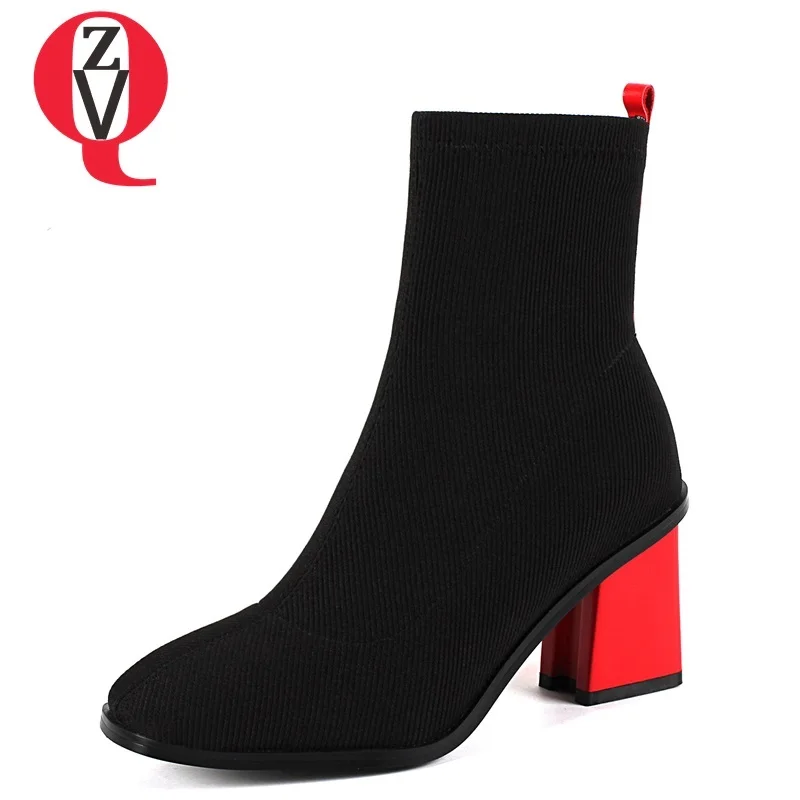 

ZVQ newest fashion hot sale popular slip-on mixed colors stretch fabric square toe high strange style three colors ankle boots