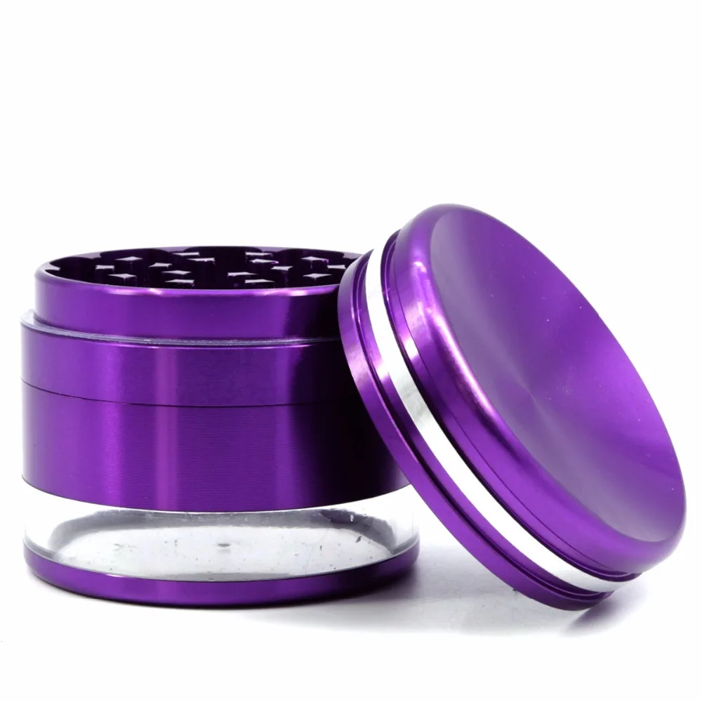 

4 layer Aluminum alloy herb tobacco smoke grinder 2.5 inches diameter transparent bottom concave cover top hookah