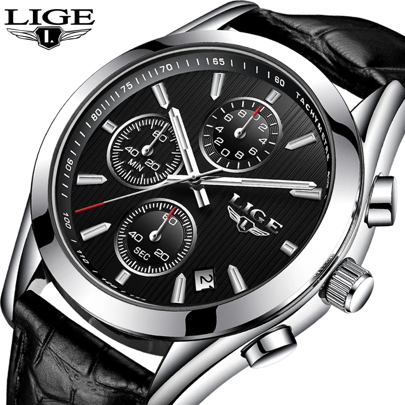

LIGE Men's Watch Top Brand Luxury Chronograph Sport Quartz Watch Men Fashion Watch Business Leather Watch Men Clock