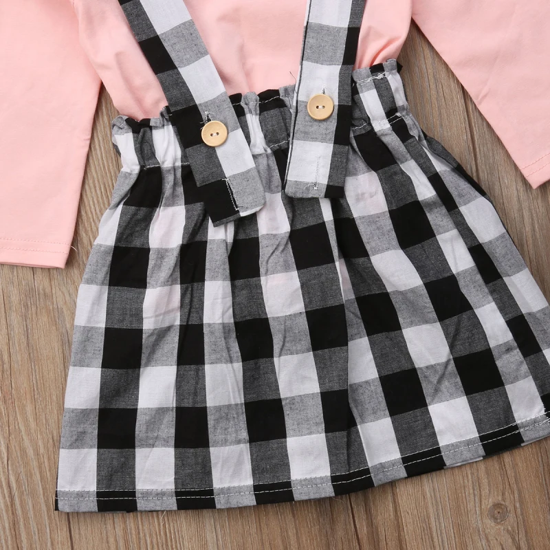 Pudcoco/комплекты одежды для девочек, клетчатые топы для маленьких девочек, футболка, юбка на подтяжках, платье, комплекты одежды AU