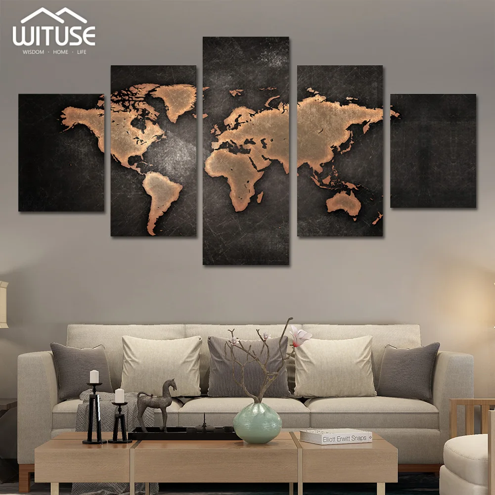 Modern Canvas Picture Wall Art 5 Piece world map Painting Printed Home