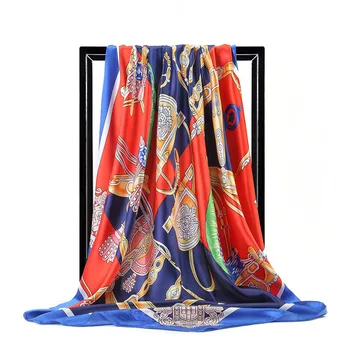 

Women Scarf Luxury Satin Large Square Horse Hijab Silk Shawl Wrap Foulard Print Square Scarf Brand Design Handkerchief 90x90cm