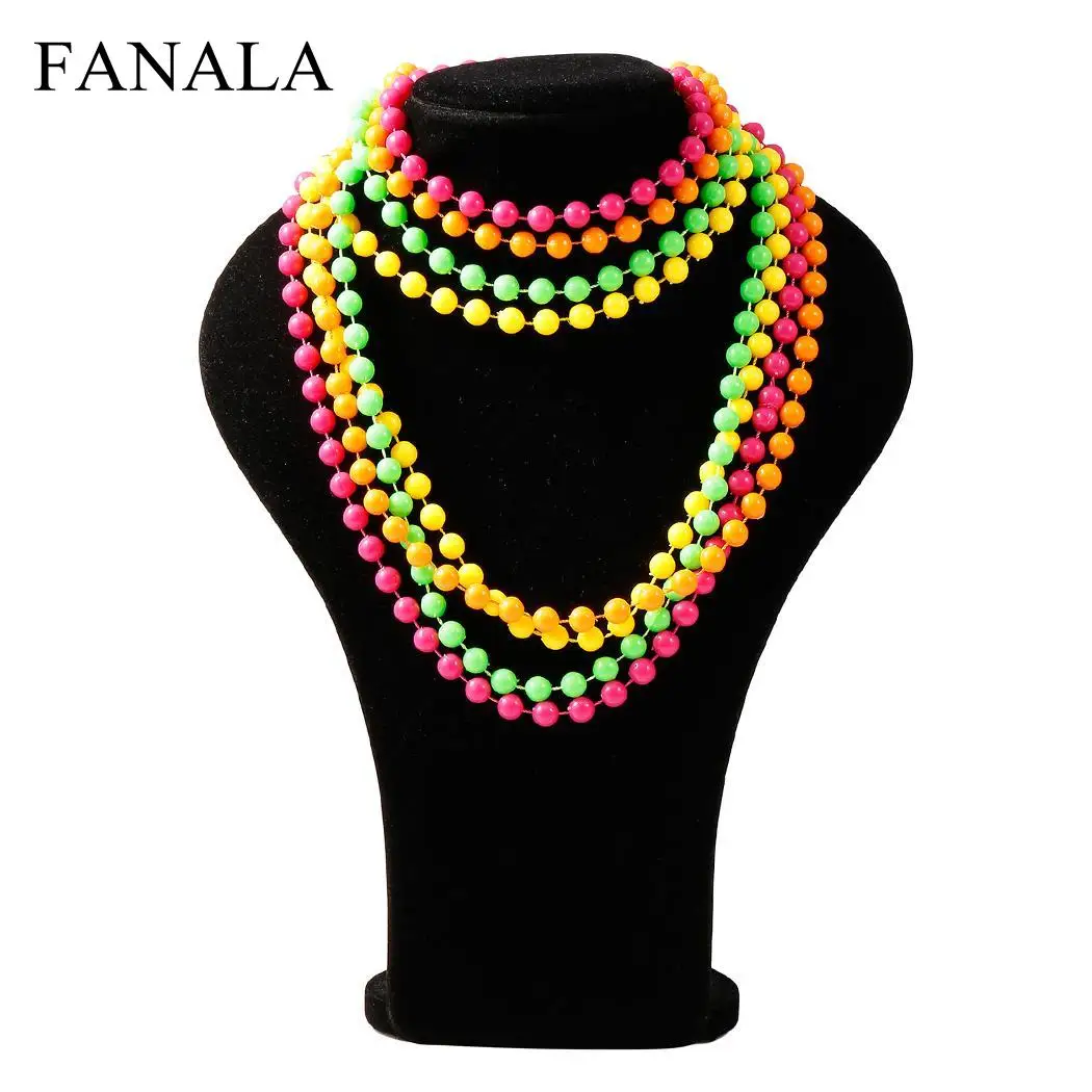 FANALA Necklace Women Plastic 4PCS/Set Dress Necklaces Neon Fancy Beads Long 70S and 80S Theme Costume