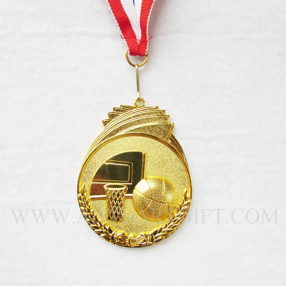 Customized gold medals for sports basketball award with red ribbon die