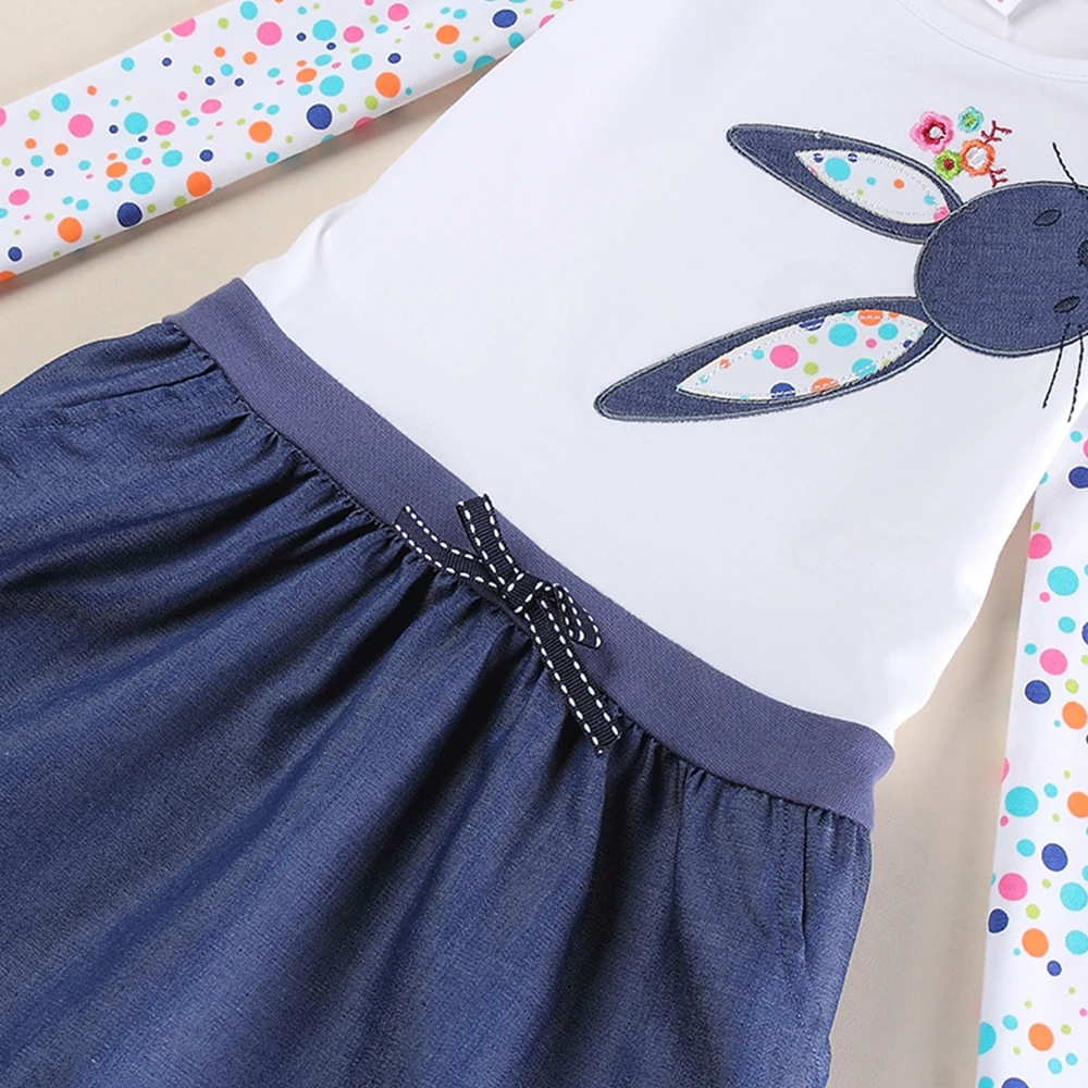 Платье с длинными рукавами для девочек, весенне-осеннее хлопковое платье с вышивкой белого кролика для девочек, джинсовое платье с подолом, H5922