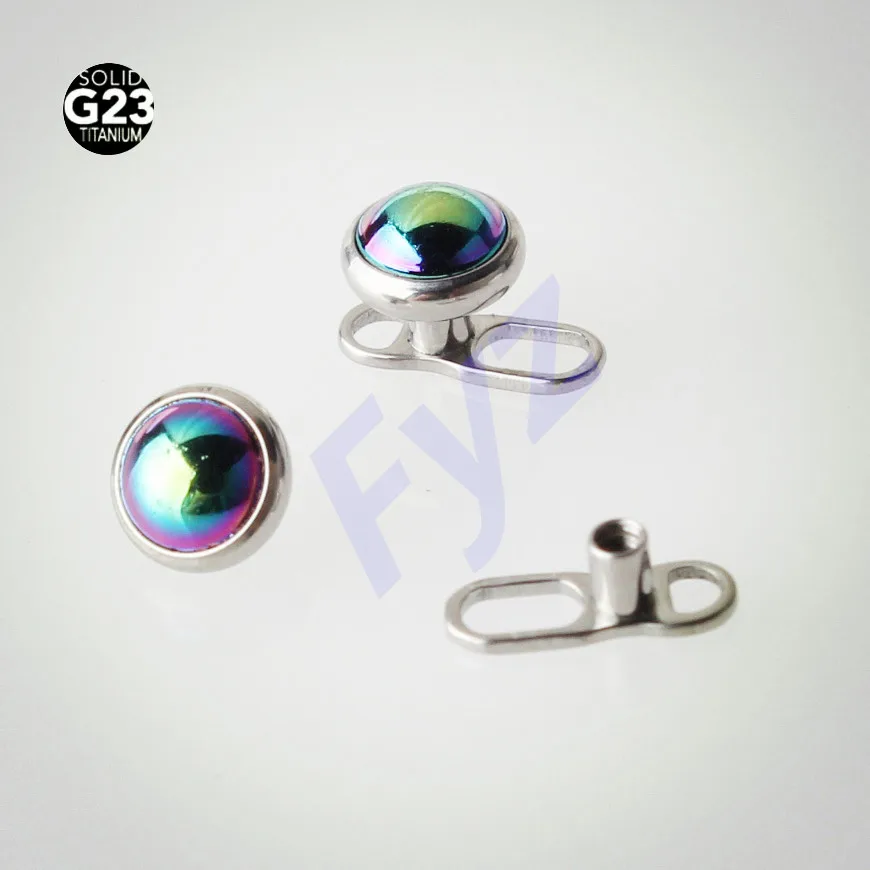 

High Polishing Titanium G23 5mm Rainbow Color Gem Tops Dermal Anchor 2 Holes Base Piercing Body Jewelry