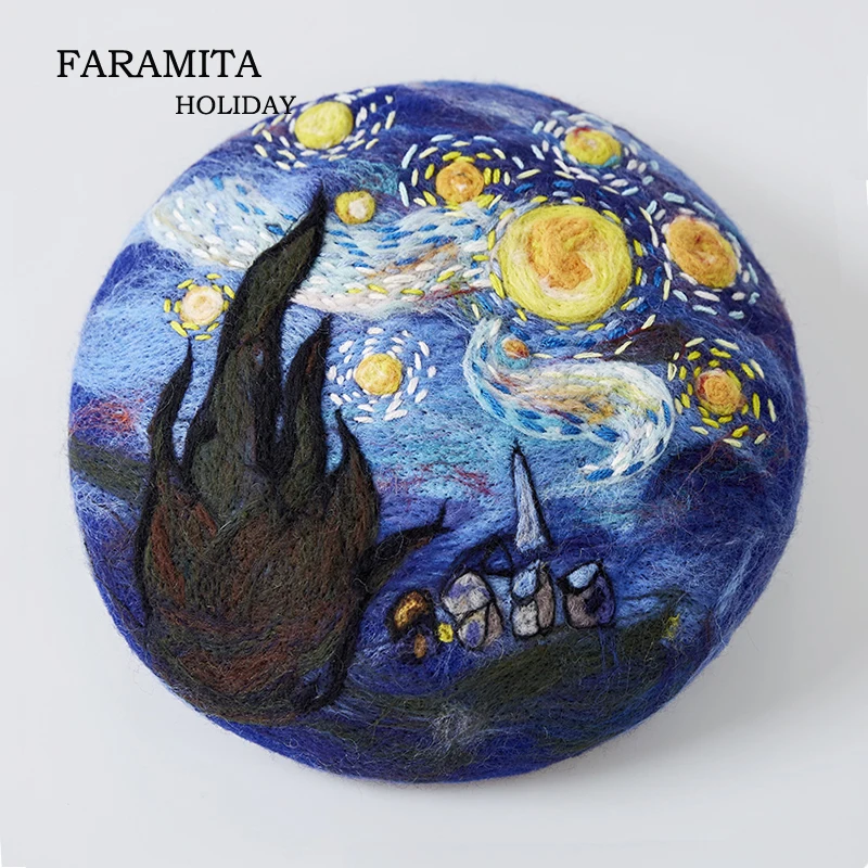 

Faramita Holiday Van Gogh Style Blue Dream Night Hand Made Women Wool Beret Famous Painting Manual Girls Hat Cap Ladies Painter
