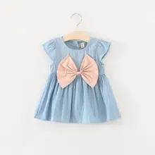 Новинка; однотонное короткое Модное детское платье с бантом для маленьких девочек; однотонная джинсовая одежда; платье; Одежда для маленьких девочек; July31