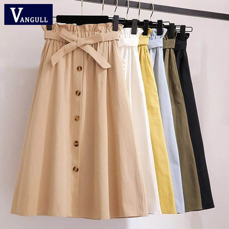 

VANGULL Spring Autumn Skirts Women 2019 New Midi Knee Length Korean Elegant Button High Waist Skirt Female Pleated School Skirt