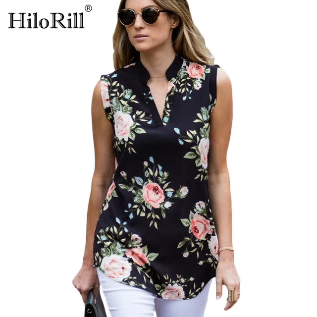 US $7.53 Fashion Vintage Floral Print Blouse Shirt 2020 Summer Sleeveless Chiffon Blouse Sexy V Neck Women S
