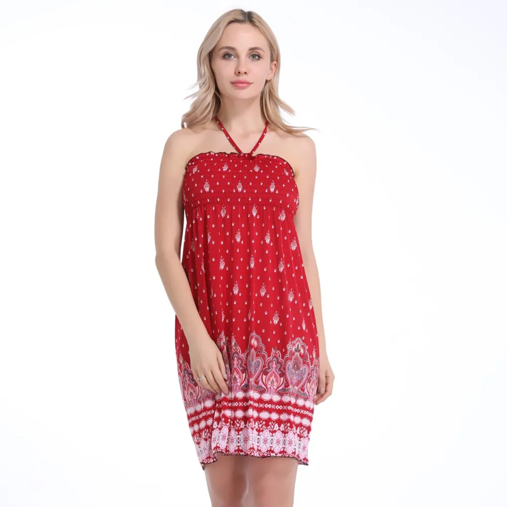 

Summer Beach Dress Print Sling Red Dress Casual Wave Point Open Back Spaghetti Dress Loose Woman Dress