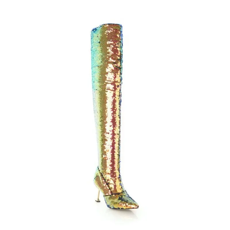 SIMLOVEYO/зимняя обувь; женские облегающие высокие сапоги; ботфорты с острым носком; обувь на молнии; Botas feminino mujer Bling; A1405 - Цвет: Gold Fur