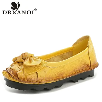 

DRKANOL Autumn Slip On Women Flat Shoes Handmade Vintage Cow Leather Flats Moccasins Casual Shoes Women Bow Tie Shallow Shoes