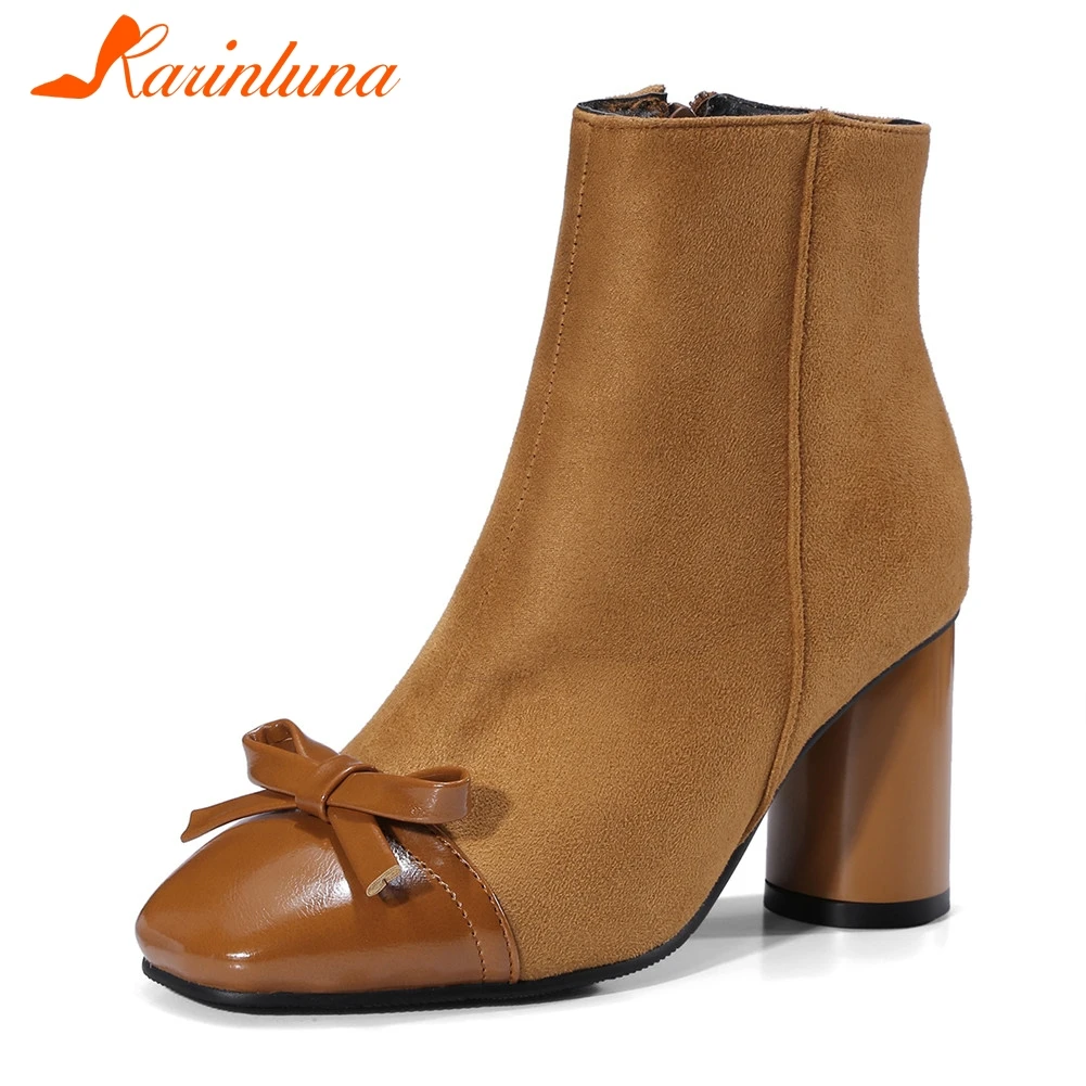 

KARINLUNA Plus Size 32-48 Popular Mixed Colors Square High Heels Bowtie Shoes Woman Casual Winter Spring Ankle Boots Hot Sale