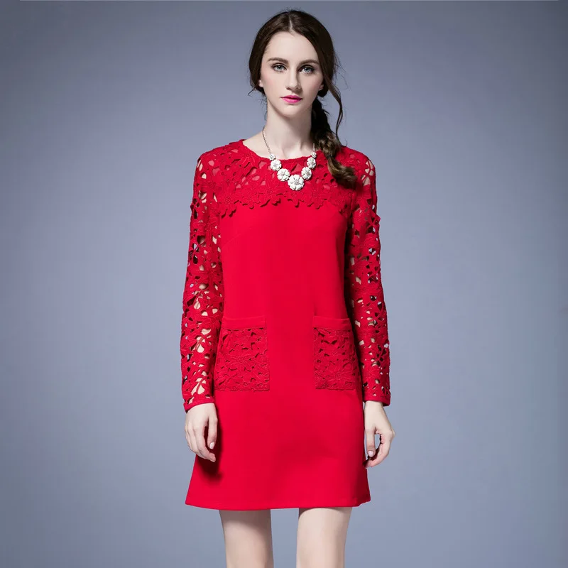 

2017 Women Dress Vestidos For Autumn & Spring Fashion Lace Patchwork O-neck Plus Size Loose Dress female Red L-5XL
