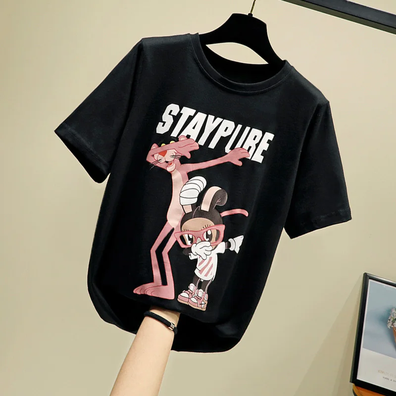 

Kawaii Funny Dabbing Pink Panther T shirts Summer Women Men Unisex Full Cotton Summer Tops Couple Korean Harajuku Clothes Tees