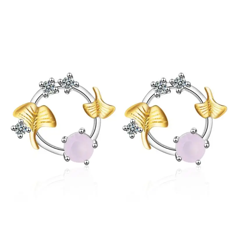 

Yellow Apricot Leaf Crystal Zircon Round Stud Earrings For Women Trend Creative 925 Sterling Silver Party Gifts Jewelry SAE300