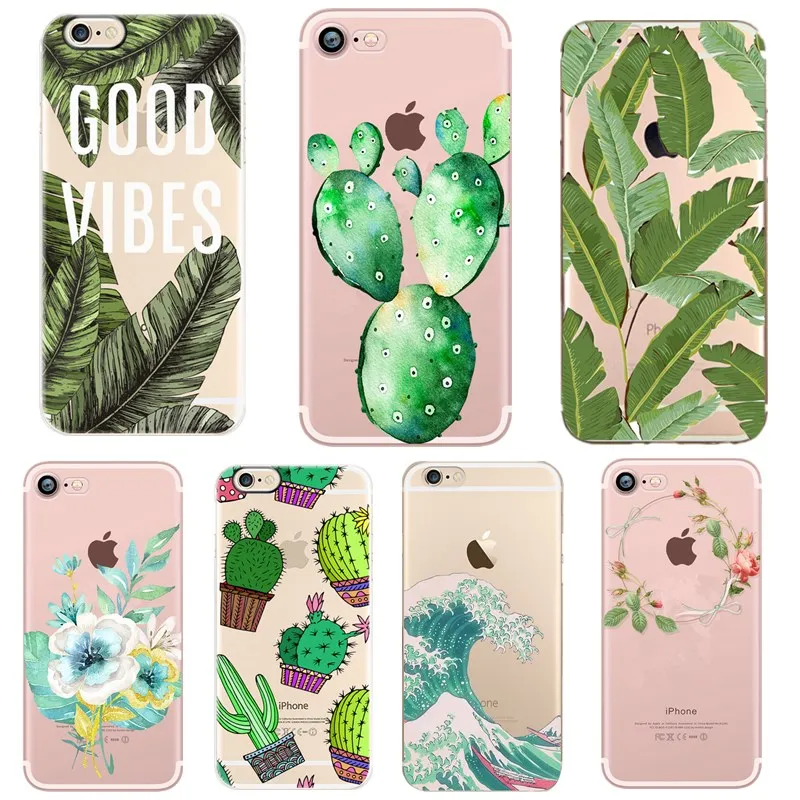 Прозрачный мягкий силиконовый чехол для iphone 6 S 7 8 плюс Coque листьев кактус 5 5S SE X