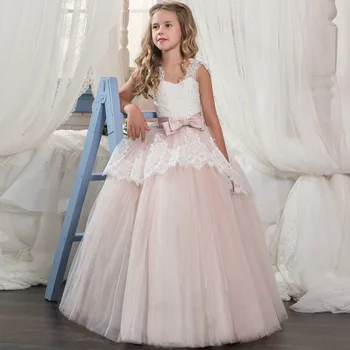 

custom made bow belt lace girl ball gown dress