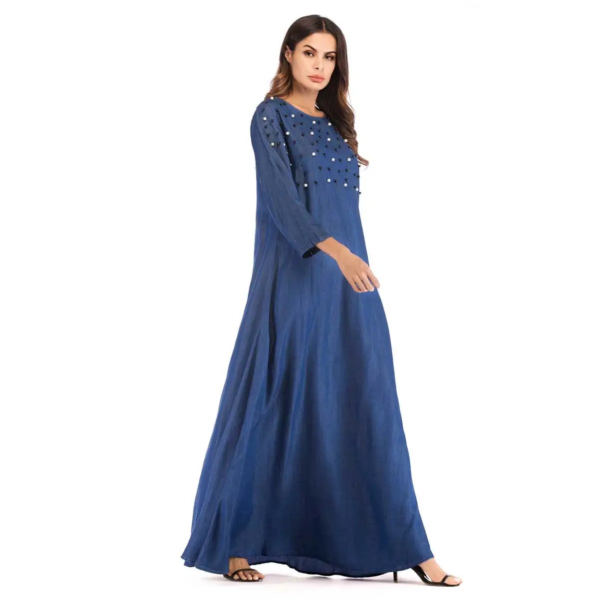 Женское длинное джинсовое платье с бисером богемное городское мусульманское абайя размера плюс исламское Дубай Арабский Рамадан марокканское платье VKDR1545