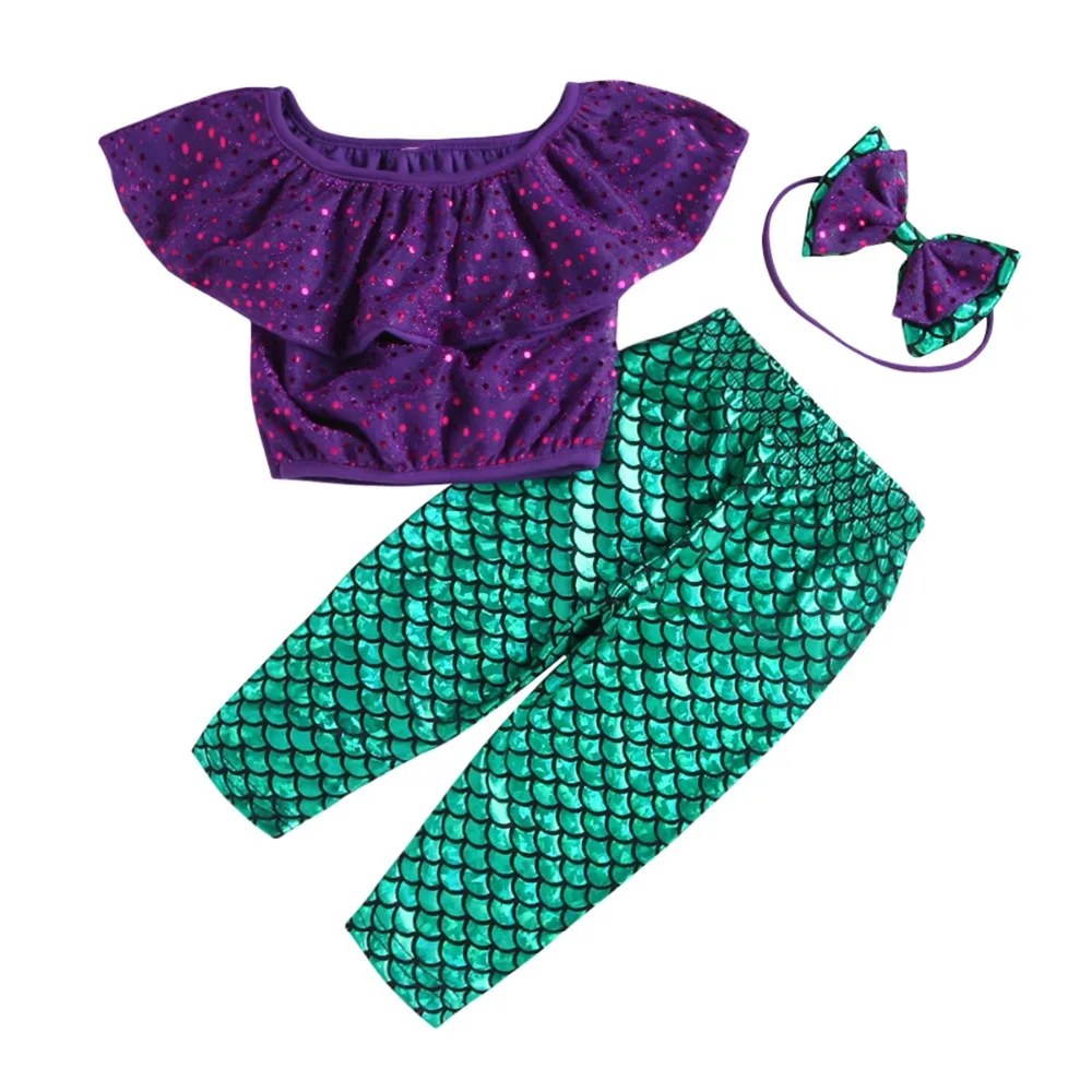 

2019 Summer Children Girl Mermaid Clothes Sequins Dot Crop Tops Long Pant Legging Headband 3PCS Outfits Girls Clothing Set