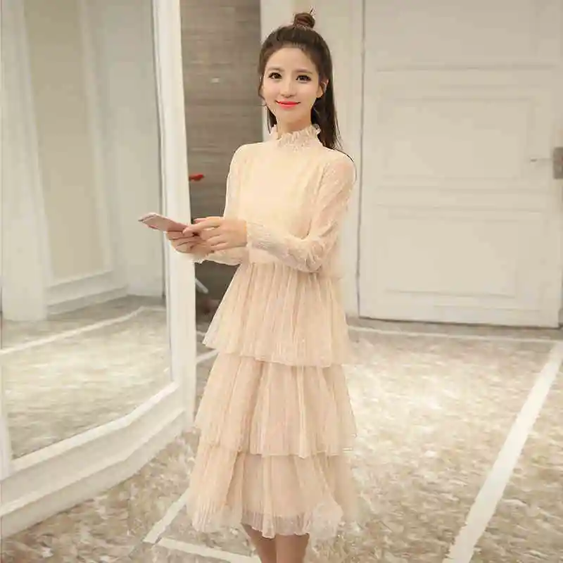 Осень Длинные рукава длинное платье Черный Серый Бежевый подростков 14 16 15 лет корейская мода кружева Винтаж