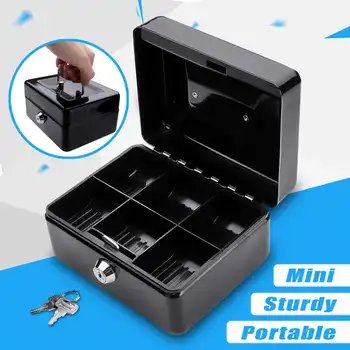 

Mini Black Metal Stainless Steel Piggy Bank Safety Deposit Box For Money Coin Cash Tray With Secret Key Cash Drawer Carry Box