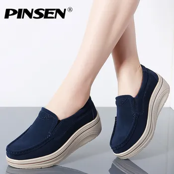 

PINSEN 2020 Spring Women Flats Shoes Platform Sneakers Shoes Woman Leather Suede Casual Shoes Slip-on Flats creepers moccasins