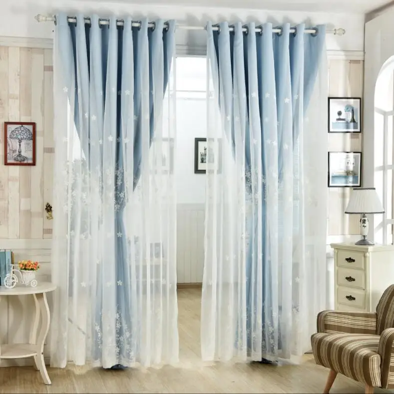 European Floral Lace Embroidery Tulle+Black Out Double linen Curtains with Leaves Tassel High Black Out Blinds Window Curtains