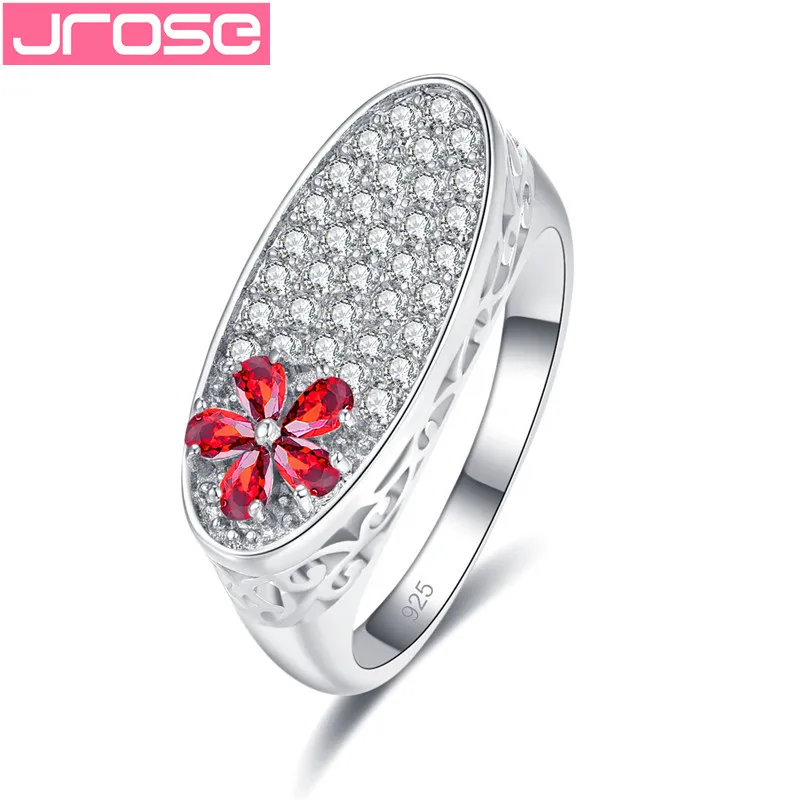 

JROSE 2019 Exquisite Peach Blossom Pink Red Flower Rings for Women Engagement Wedding Silver 925 Jewelry Charm Decorations