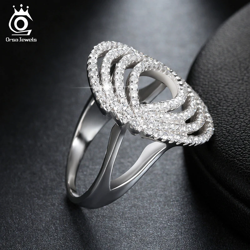 ORSA JEWELS Luxury Rings For Women Hollow Prong Setting AAA Cubic Zircon Female Finger Ring Fashion Fashion Jewelry Gift OR89