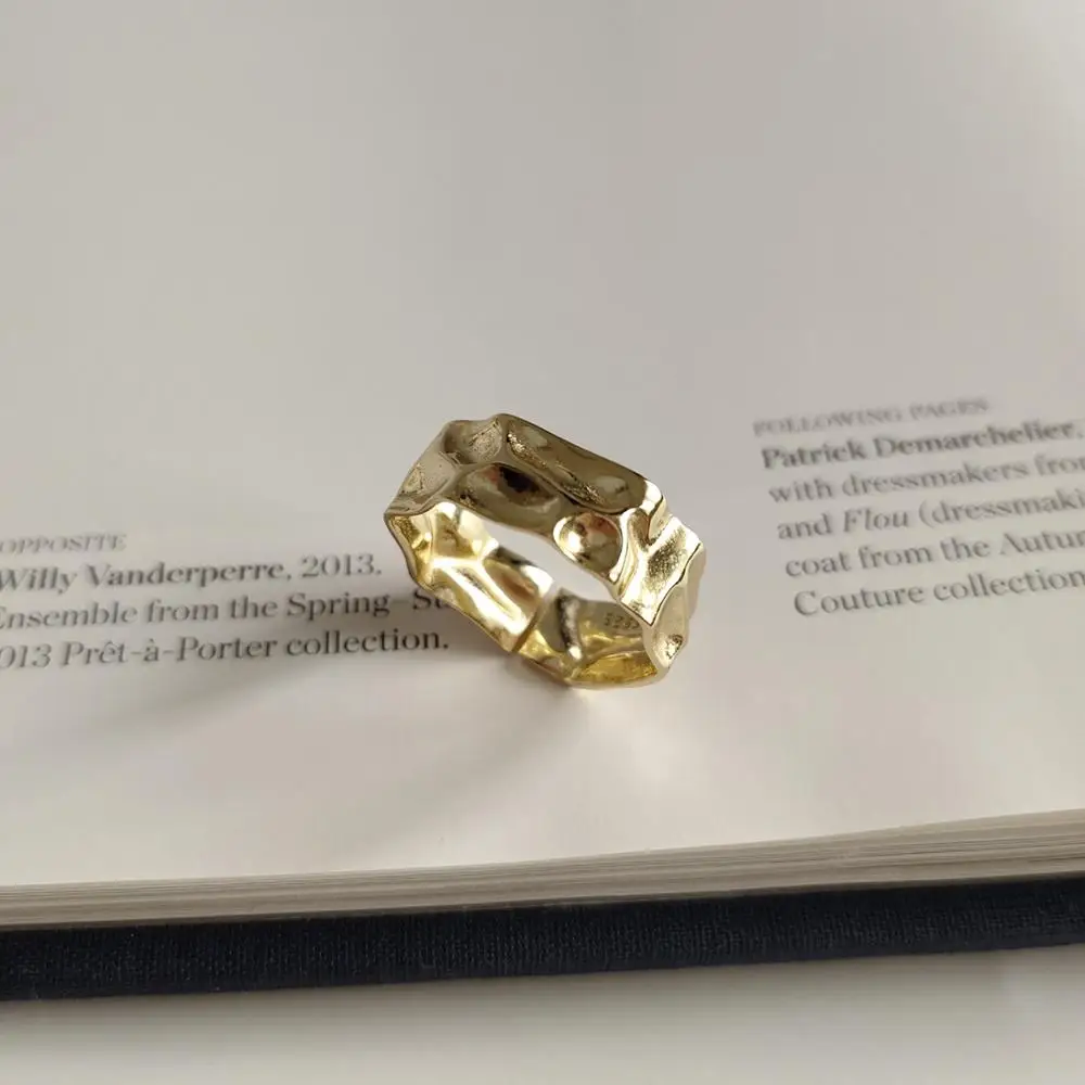 

Authentic S925 Sterling Silver FINE Jewelry Golds foil Irregular Band Wider Rings adjust TLJ620