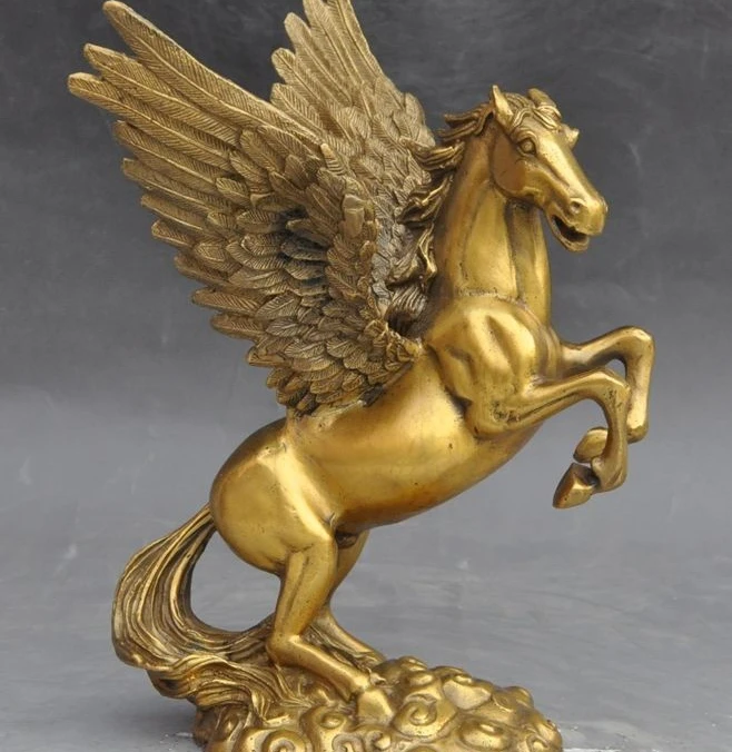 

china brass fengshui zodiac animal Success fly Wings horse Art statue Figurines