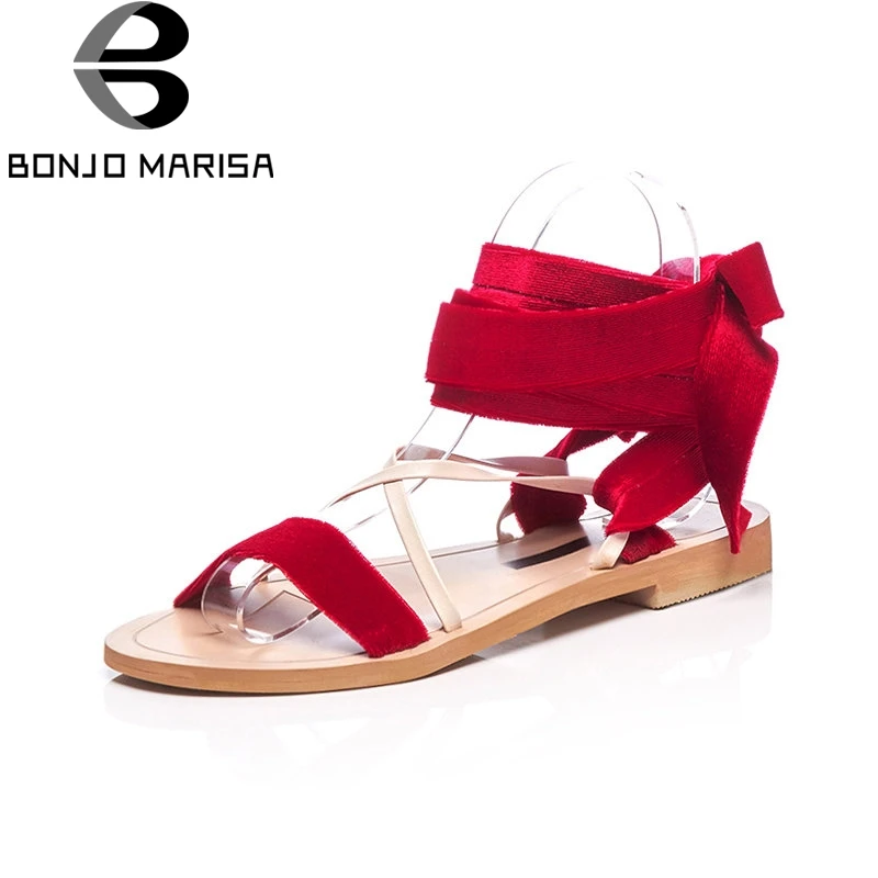 

BONJOMARISA 2018 Summer Fashion Velvet Women Ankle Wrap Sandals Plus Size 34-47 Low Heels Breathable Concise Shoes Woman