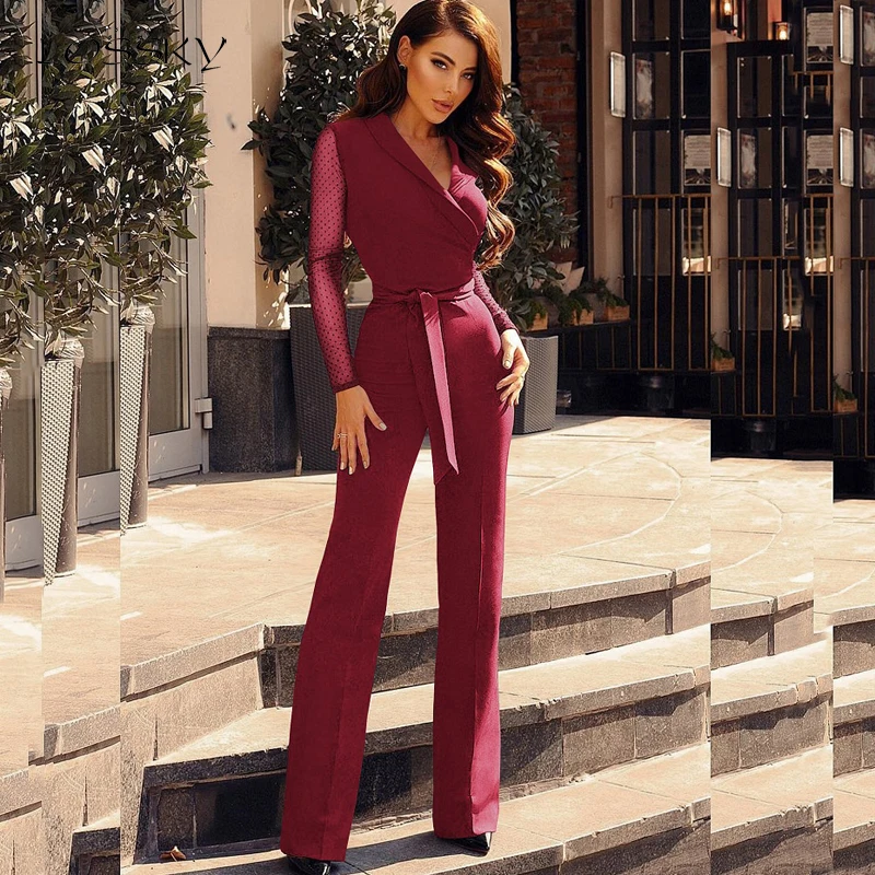 

Lossky Spring New Fashion Long Sleeve Polka Dots Patchwork Elegant Jumpsuit Women Body Femme Bodycon Jumpsuits One Piece Tops