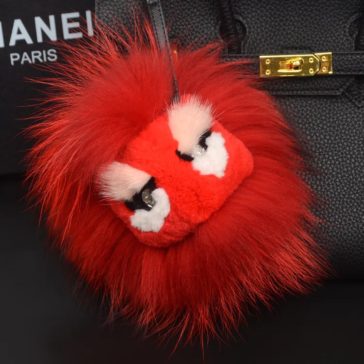 

Luxury Genuine Fox Fur Monster Face Keychain Fluffy Fur Pom Pom Pompons Keyring Women Car Bag Handbag Charms Pendant Key Holder